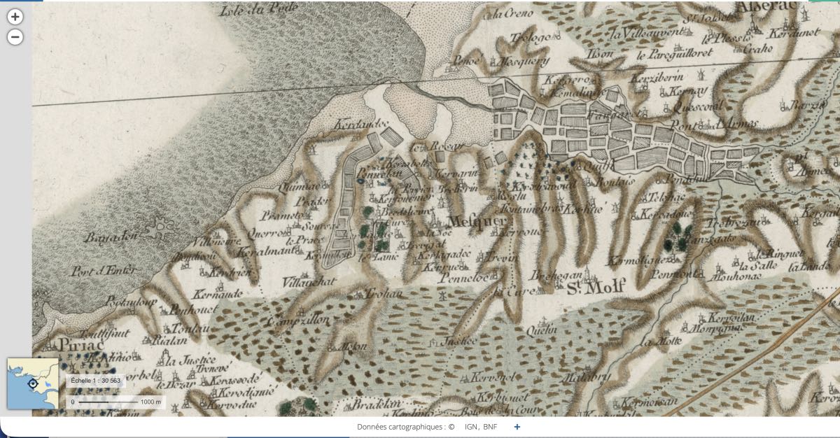 Extrait de la carte de Cassini montrant Mesquer et Quimiac