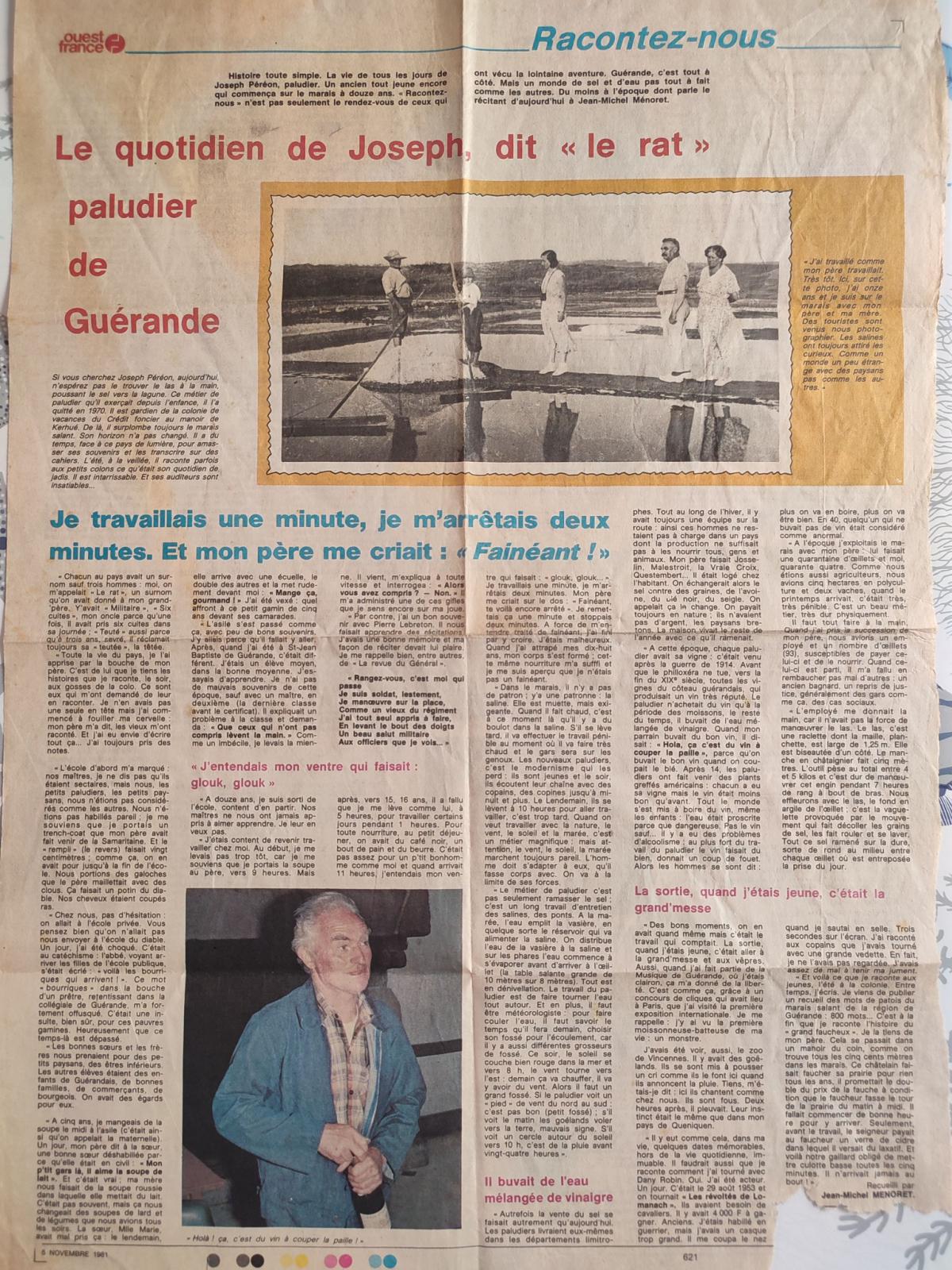 Article de Ouest-France de 1981 consacré à Joseph Péréon, paludier